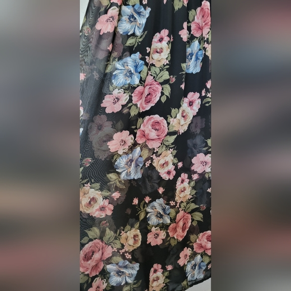 Rebellious Dreamer dress with black top and multi color floral sheer bottom. - Picture 5 of 8
